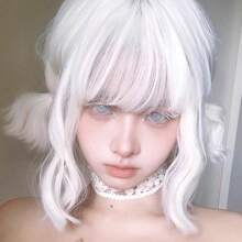 White Synthetic Short Wavy Women Wig Fluffy Cosplay Lolita Heat Resistant Hair Wig - White - View 2