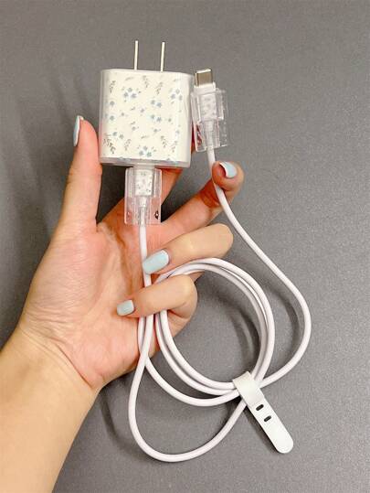 4 件套透明超薄 TPU 充电线保护套，带花卉图案，兼容 20w 苹果快速充电器