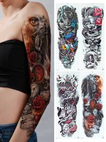 Tiebeauty 4充分手臂臨時紋身貼貼紙,可拆卸充分手臂圖騰水轉移老虎玫瑰龍圖案 - 彩色 - 查看 1