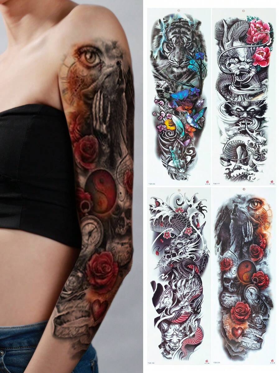Tiebeauty 4充分手臂臨時紋身貼貼紙,可拆卸充分手臂圖騰水轉移老虎玫瑰龍圖案 - 彩色 - 查看 1