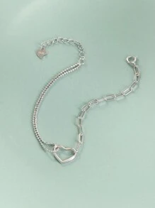 LEKANI 1 件 S925 纯银手链，带有独特的双层不对称爱心形链条，简约百搭设计，是送给好朋友、女朋友、生日或日常佩戴节日的完美礼物 - 銀色 - 查看 5