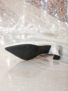 Tacones Altos Gruesos Con Punta Estrecha Y Diamantes De Imitación De Moda Para Mujer - Blanco - Ver 7