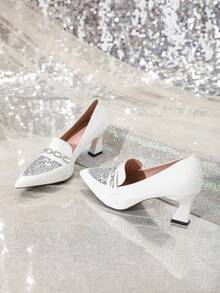 Tacones Altos Gruesos Con Punta Estrecha Y Diamantes De Imitación De Moda Para Mujer - Blanco - Ver 6