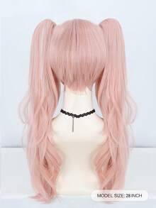 萝莉塔长卷夹式假马尾角色扮演假发,复古长发粉色波浪卷带刘海,适用于甜美可爱女孩,高密度合成无胶防热纤维头发学校万圣节感恩节圣诞节服装配件和1个假发帽 - 粉色 - 查看 3
