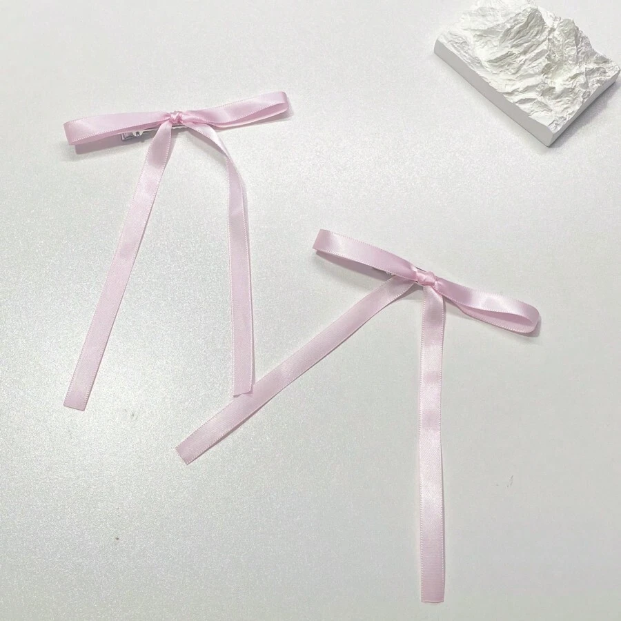 2pcs/set Ribbon Bow Hair Clip With Streamers, Sweet Girls' Hair Accessory For Ponytail & Alligator Clips - Baby Pink - View 1