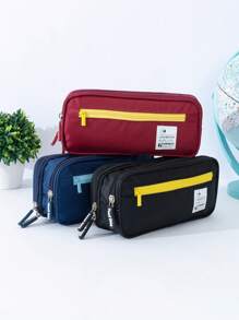 1入組貼布裝飾文具簡約風雙層筆包適用於學生文具收納 - 黑色 - 查看 6