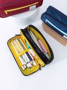 1入組貼布裝飾文具簡約風雙層筆包適用於學生文具收納 - 黑色 - 查看 5