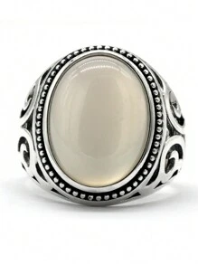 OHMMHO 1 件簡約奢華 S925 銀男士戒指,帶白瑪瑙石和鏤空設計,聖誕禮物 - 白色 - 查看 3