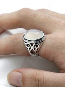 OHMMHO 1 件簡約奢華 S925 銀男士戒指,帶白瑪瑙石和鏤空設計,聖誕禮物 - 白色 - 查看 6