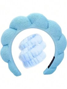 3 件裝女式藍色毛巾法蘭絨海綿扭紋洗臉頭帶多功能髮夾去除器洗臉防水髮帶應用面膜專用髮帶吸水吸汗擦拭腕帶適合日常洗滌使用 - 藍色 - 查看 1