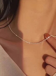 FOREVER QUEEN 925純銀頸鍊女士銀鏈,無吊墜925鎖骨鏈,裸鏈星系細鏈,方便配戴堆疊 - 銀色 - 查看 10