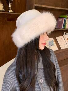 1入女式白色冬季保暖刺繡漁夫帽，毛絨內裡，厚實針織，防雪適合戶外活動和日常穿著 - 白色 - 查看 3