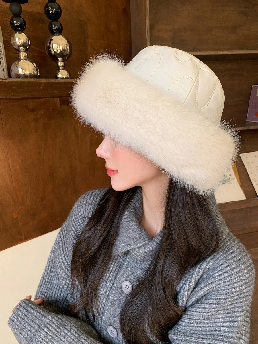 1入女式白色冬季保暖刺繡漁夫帽，毛絨內裡，厚實針織，防雪適合戶外活動和日常穿著 - 白色 - 查看 1