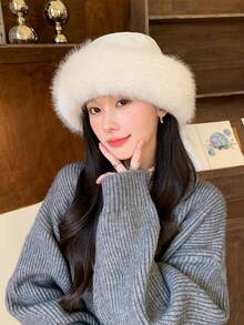 1入女式白色冬季保暖刺繡漁夫帽，毛絨內裡，厚實針織，防雪適合戶外活動和日常穿著 - 白色 - 查看 2