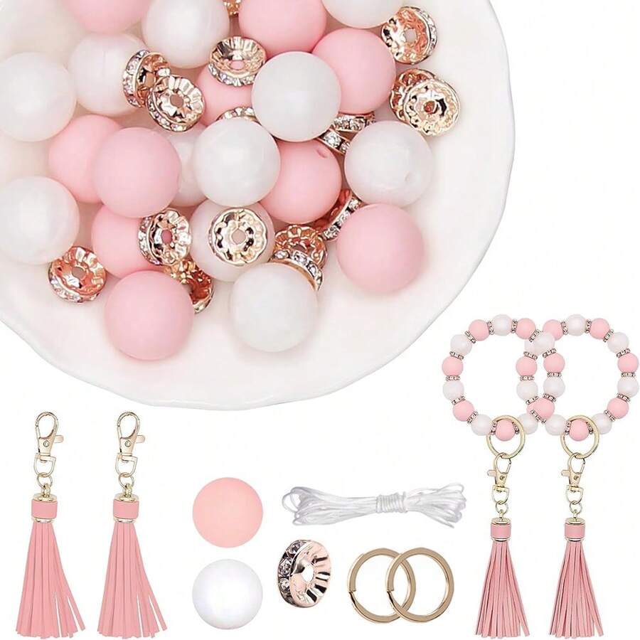 61 cái/bộ Của 15mm Phấn màu Tròn Silicone Hạt 10mm Pha lê Spacer Hạt Với Nylon Cord Tua Cao su silicon Trang trí Hạt , Đối với DIY Vòng tay Đồ trang trí Ba lô Vật rủ xuống Mặt dây chuyền chìa khóa Chuỗi Nhiều loại Trang trí Phụ kiện Đến Mặc Phụ kiện trang sức - Nhiều màu - Xem 1