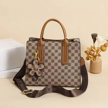 1pc Color Block Plaid Printed Fashionable Shoulder Bag With Floral Decoration, Suitable For Commuting - Multicolor - View 2