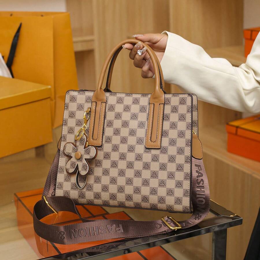 1pc Color Block Plaid Printed Fashionable Shoulder Bag With Floral Decoration, Suitable For Commuting - Multicolor - View 1