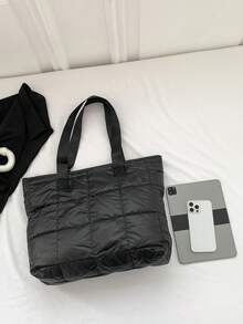 1個時尚簡約純色線織輕便手提肩包 - 黑色 - 查看 6