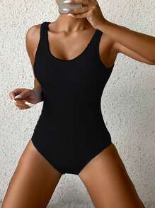 Costume da bagno intero monocolore con scollo a barca, adatto per le vacanze estive - nero - Visualizzare 1