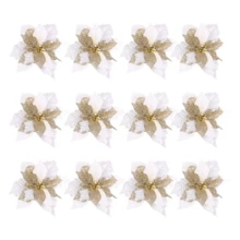 (12 件装) 闪光一品红圣诞树饰品，圣诞装饰花（白色），圣诞