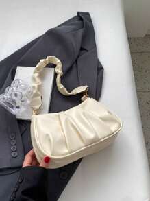 New Vintage Commuter Black Simple Pleated Cloud Shoulder Bag - Beige - View 6