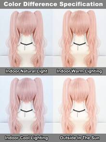萝莉塔长卷夹式假马尾角色扮演假发,复古长发粉色波浪卷带刘海,适用于甜美可爱女孩,高密度合成无胶防热纤维头发学校万圣节感恩节圣诞节服装配件和1个假发帽 - 粉色 - 查看 8