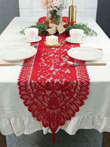 1 件復古風格紅色蕾絲編織桌旗適合節慶場合、派對、餐桌裝飾 - 紅色 - 查看 2