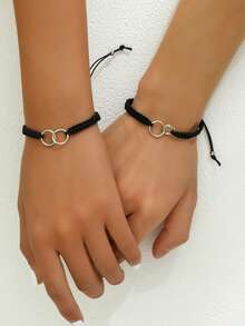 情侶心形雙環裝飾手編手鐲套裝,最好的朋友友誼度假珠寶禮物 - 黑與白 - 查看 3