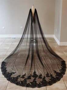 欧美新娘黑色蕾丝长款拖地披肩，适合万圣节、秋季、夏季、海滩、婚礼等场合，也适合女性穿着。 - 黑色 - 查看 5