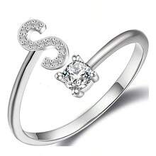 1件925銀可調節開口戒指,配有閃亮人造鑽石和26個字母a-z設計,適合女性日常穿著 - A - 查看 16