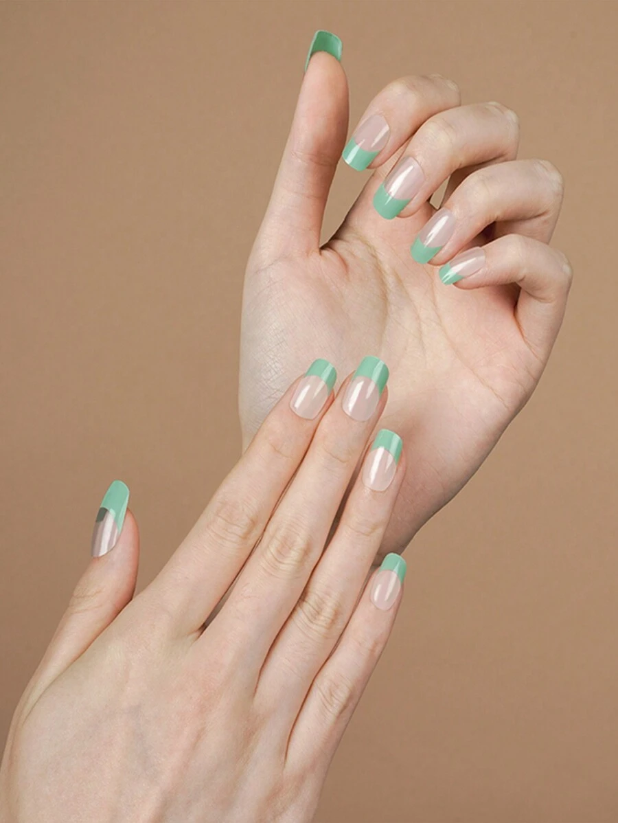 1 Box Long-lasting Uv Nail Gel Sticker In Transparent French-style Mint Green Color, 20pcs Finger Nail Gel Stickers, Easy To Apply And Remove - Multicolor - View 1