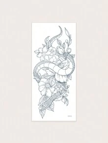 1 件 PVC 临时纹身贴纸，带有蛇缠绕花朵的奇怪动物图案，有效期 7-14 天，防水防汗，适合时尚领袖 - 黑色 - 查看 2