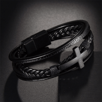 New Fashion Multi-layer Pu Leather Woven Bracelet With Cross Pendant, Vintage Woven Leather Bracelet, Stainless Steel Buckle Men's Pu Leather Bracelet