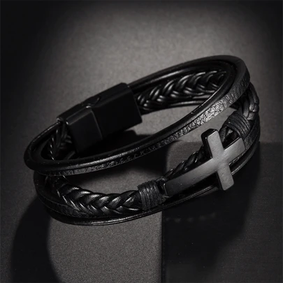 ใหม่ แฟชั่น หลายชั้น หนัง PU แบบทอ สร้อยข้อมือ พร้อม จี้ ครอส , วินเทจ แบบทอ หนัง สร้อยข้อมือ , สแตนเลส หัวเข็มขัด ผู้ชาย หนัง PU สร้อยข้อมือ