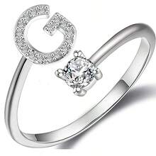 1件925銀可調節開口戒指,配有閃亮人造鑽石和26個字母a-z設計,適合女性日常穿著 - A - 查看 25