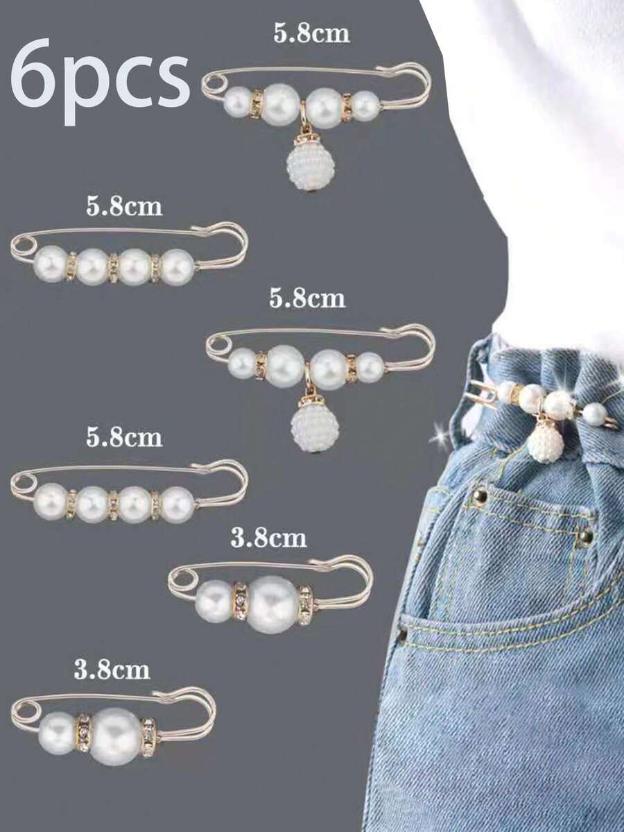 6入組假珍珠胸針牛仔裙防滑腰針飾品diy服裝配件,固定服裝後褲裙腰部防止輕便褲針扣,袋子配件 - 白色 - 查看 1