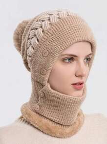 1套女式針織帽子和圍巾套裝,帶軟毛內襯和丙烯酸纖維頸部保暖裝置,冬季保暖羊毛帽 - 卡其色 - 查看 2