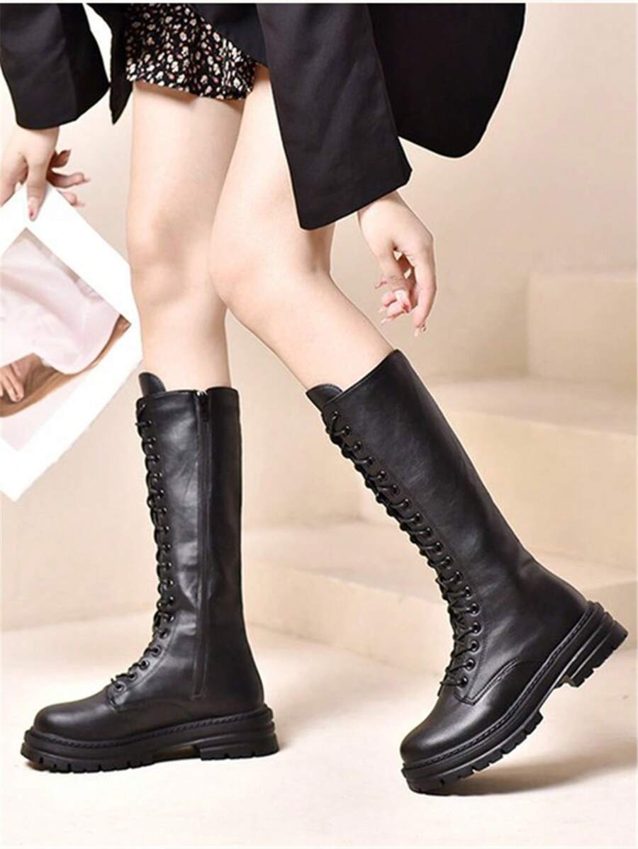女士厚底騎士靴新風格摩托車靴 - 黑色 - 查看 1