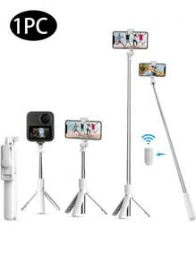 1入組迷你4合1伸縮無線遙控自拍棒三腳架，360°旋轉自拍棒，可拆卸遠程拍攝手機通用自拍棒手機支架相機用品，抗震防抖自拍棒，手機直播三腳架，伸縮手持穩定通用型號，兼容iPhone / Samsung GoPro小相機IOS和Android / 生日 / 情人節禮物 / 復活節 / 男友和女友，在戶外露營和旅行中隨時記錄美麗時刻，非常適合夏天戶外、旅行、郊游、假期、海灘等（不含電池，按鈕電池型號：CR1632） - 白色 - 查看 1