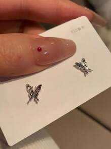 6pcs/Set High-End Liquid Flow Butterfly & Rhinestone Heart Stud Earrings With Unique Design Sense Valentines,Mom,Mother,Mother's Day,Gift - Silver - View 5