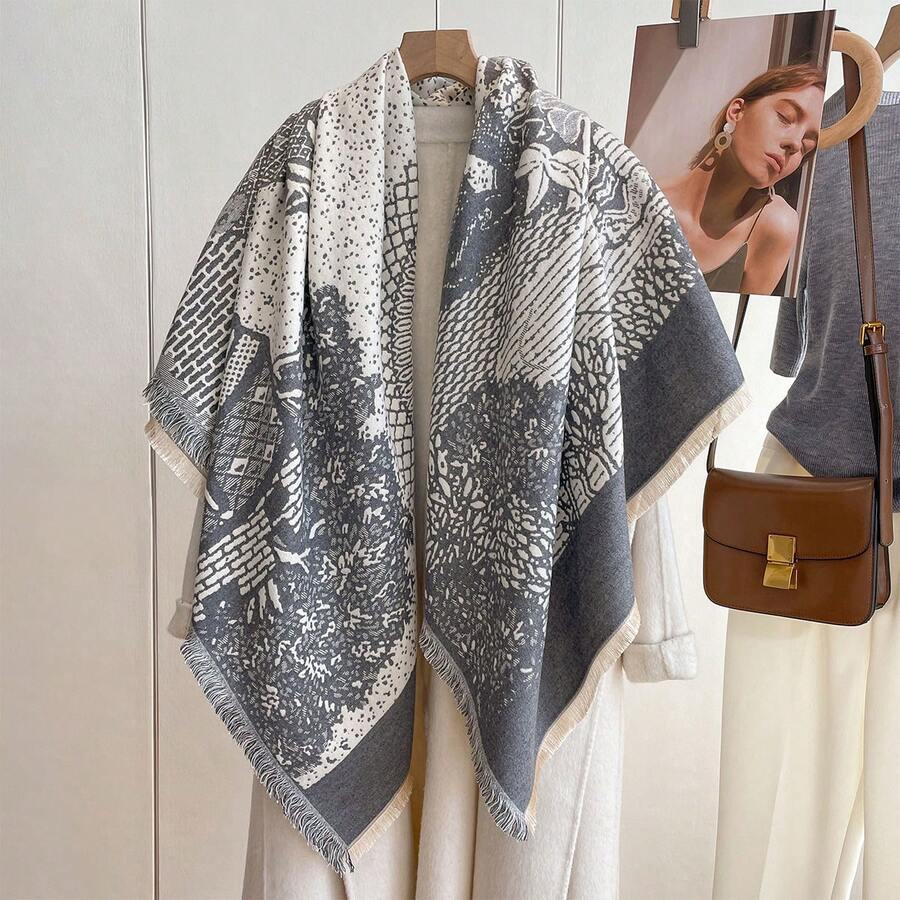 1 件女式插畫設計提花人造羊絨圍巾披肩適合日常穿著保暖 - 灰色 - 查看 1