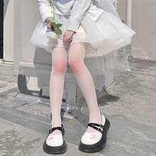 1pair Of White Knee-high Socks With Pink Cheeks Design, Japanese-style Cute Lolita Solid-colored Thin Stockings For Layering - White - View 2