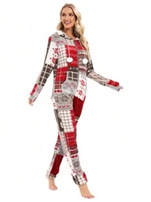 女士聖誕萬聖節法蘭絨連帽連體睡衣，家居穿著 - 彩色 - 查看 2