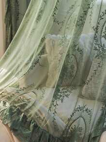 1入組深綠色透明復古鬆軟紗簾,優雅褶邊刺繡花朵濾光遮窗簾,適用於臥室陽台 - 墨綠色 - 查看 5