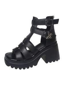 新款歐美風夏季摩托車粗底翻毛機車鞋楔跟,黑色中空復古拉鍊涼鞋,蝴蝶扣裝飾及羅馬風格女鞋 - 黑色 - 查看 8