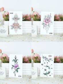 10入組美麗、性感、極簡風格的花朵設計防水臨時紋身貼紙,適用於女性,適用於手臂、鎖骨、腹部、頸部