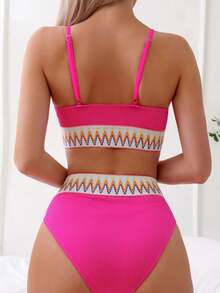 粉色拼色腰部比基尼套装夏季海滩 - 玫紅色 - 查看 3