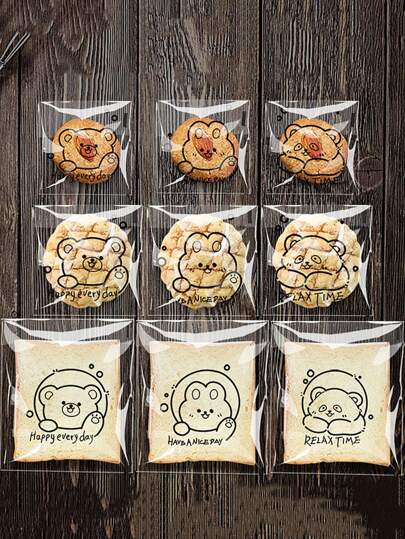 100pcs Original Transparent Self-Adhesive Baking Packaging Bag With Cute Cartoon Design For Bread And Toast Slices School Supplies Food Bag Food Box Suitable For Candy Chocolate Cookies Etc.
