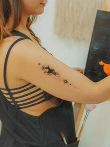 1 Pieza Tatuaje Temporal A Base De Figura Abstracta Negra Y Diseño De Ráfaga De Estrellas Para La Espalda, Brazo Y Muñeca - Negro - Ver 4