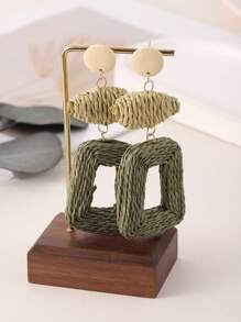 1pair Handmade Woven Paper Rope Earrings With Geometric Patchwork Design And Colorful Contrasting, Perfect For Vacation And Party Outfits - Dark Green - View 5